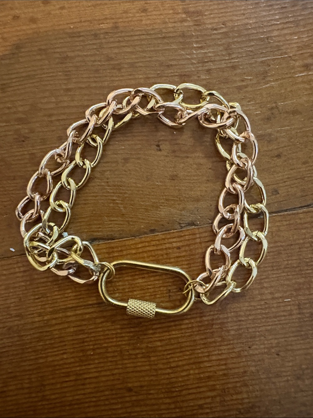Hand-Crafted Gold and Rose Gold Two-Tone Chain Bracelet With Carabiner Clasp